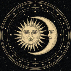 Face of the sun in vintage style. Vector illustration. Black and white graphics. Logo of the sun. stock illustration