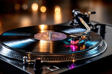 Closeup of Vinyl Record Playing on Turntable with Bokeh