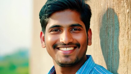young man smiling warmly while leaning against sunlit wall, exuding happiness and friendliness. casual outdoor setting. portrait, lifestyle, greeting card, website content. - Powered by Adobe