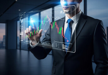 Businessman using a futuristic holographic touch screen to analyze stock market charts and financial data for investment