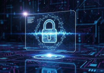 Advanced cyber security and data protection concept illustrated by a glowing padlock on a futuristic digital interface