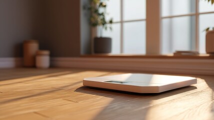 Modern weight scale on wooden floor under golden sunlight, minimal aesthetic symbolizing fitness, weight management and lifestyle balance