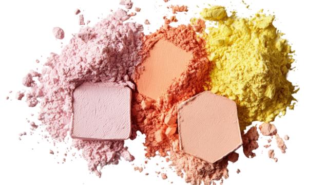 Powder pigments in various shades of peach, pink, and yellow, heaped and scattered. Geometric shapes within the piles