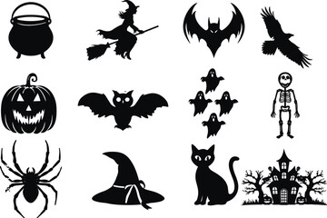 Halloween spooky silhouettes witch pumpkin ghost skeleton cat bat haunted house spider crow cauldron scary decoration icons