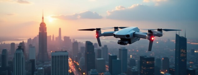 Future of Technology: Drone Flight Above a Modern City. Suitable for use in content related to urban planning, technological advancements