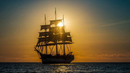 Obraz premium Majestic ship silhouetted against a stunning sunset