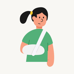 A cartoon illustration of an injured woman wearing an arm cast. Health, accident recovery, and medical care concept.