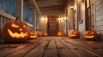 Obraz premium jack o lanterns on wooden porch realistic style
