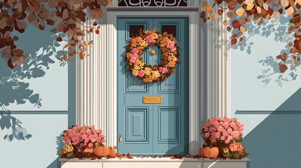 autumn wreath on front door flat design