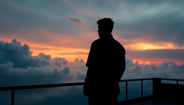 Silhouette of pensive figure on stormy terrace, gazing at clouds,  pensive,  outdoor