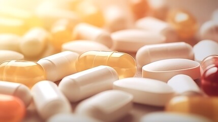 capsules scattered on a soft beige background with slight grain texture, subtle light gradients and soft focus, pharmaceutical supplement concept, full-frame,