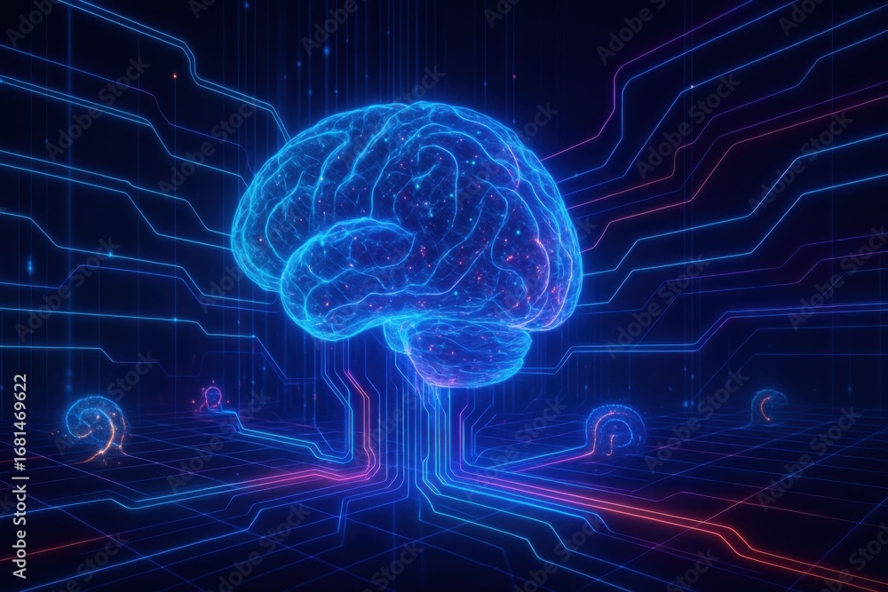 Poster artificial intelligence concept representing the human brain with glowing neural network connections