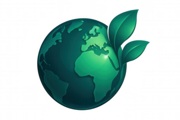 Green globe with leafy growth representing global environmental sustainability, eco-friendly concept on transparent backdrop