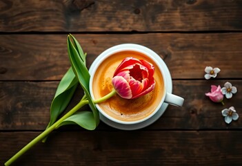 Top view latte art tulip in coffee cup on wooden table, spring background,  detail,  brunch