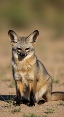 A gray fox sits alertly in the desert.