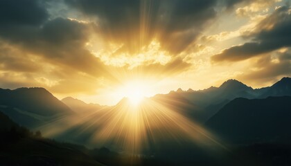 Fototapeta premium Mountains Silhouetted By The Setting Sun, Radiant Rays Of Light Illuminating The Sky As The Sun Sinks Behind Them.