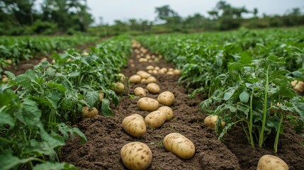 Fresh potato farm field with green crops growing for food and processing