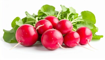 Fresh red radish with leafy green top round root shape smooth skin crisp texture organic vegetable isolated on white background
