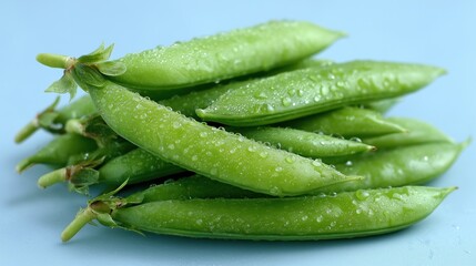 Fresh Green Snow Peas with Water Drops on Light Blue Background