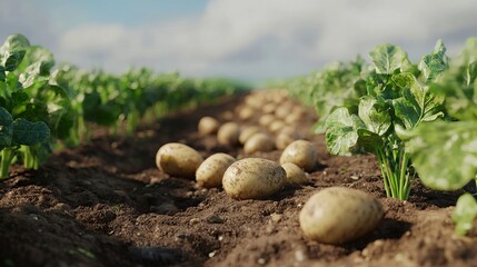 Fresh potato farm field with green crops growing for food and processing