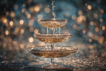 Champagne tower with sparkling golden bubbles and cascading liquid against festive bokeh background
