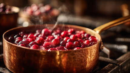 Fresh cranberries simmering in copper pan on stove for homemade cranberry sauce with warm rustic lighting
