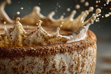 Close-up of creamy coffee splash in cup with cocoa powder dusting captured in slow motion macro detail
