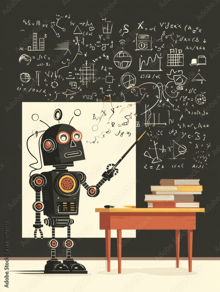 Poster robot instructor engaging students in a creative mathematics lesson in a classroom