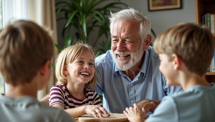 Grandfather joyfully talking with his grandchildren in a cozy living room