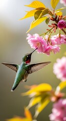 Hummingbird feeding on pink cherry blossoms.