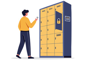 A man uses a smartphone to access a secure locker. Modern, clean design. Ideal for digital security or access control concepts.