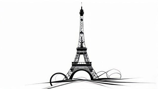 Elegant Eiffel Tower Graphic with Dynamic Abstract Swirls on a Clean White Background.