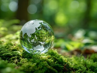 苔の上に置かれたガラスの地球儀と自然環境の調和