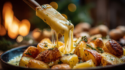 Melted cheese raclette poured over roasted potatoes with herbs in cozy warm setting by fireplace
