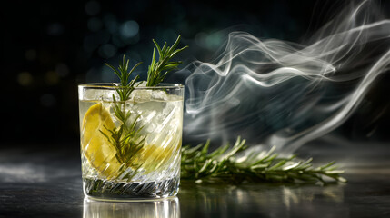 Smoked cocktail with lemon slice and rosemary sprig served in glass on dark bar counter with aromatic vapor
