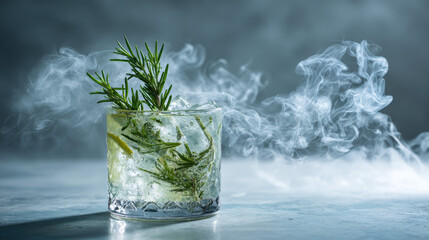 Smoky gin cocktail with rosemary and ice in glass on cool blue background surrounded by aromatic vapor
