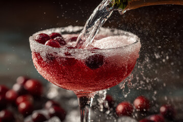 Sparkling cranberry cocktail being poured into glass with frozen berries and festive bubbles
