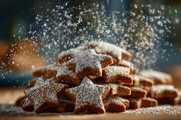 Stack of star-shaped Christmas cookies dusted with powdered sugar in cozy festive atmosphere

