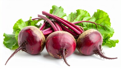 Fresh beetroot with red purple skin leafy top round shape natural root vegetable organic healthy food isolated on white background
