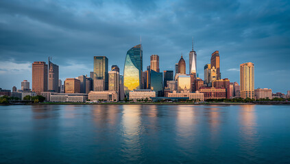 Naklejka premium Stunning Cityscape at Dusk with Reflective Water
