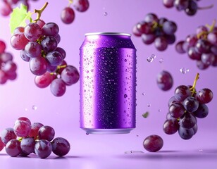 Crisp and refreshing grape-flavored beverage concept, showcasing a chilled purple aluminum can amidst floating juicy grapes and dynamic water splashes