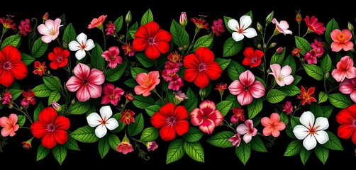 Vibrant red, pink & white wildflowers with lush green leaves on a black background, seamless repeat, print, summer