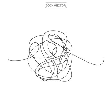 Doodle clew. Chaos lines, hand drawing tangled clew, insane mess scribble, confused brain thinking doodle, clutter complicated concept vector