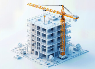 Pastel background 3D house construction with crane illustration