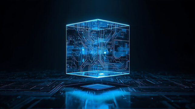Futuristic glowing blue abstract digital data cube structure floating above a circuit board