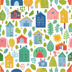 Fantasy medieval village pattern fairytale map seamless vector print for girls textile and fabric
1