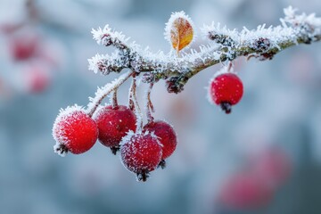 High quality photo of frosted red berries on a winter branch.