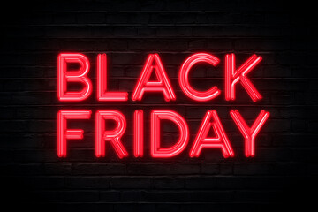 Fototapeta premium Black Friday sale banner mockup, glowing neon red text on dark brick wall