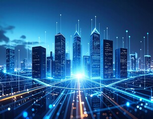 Obraz premium A glowing digital city illustration with upward arrows, symbolizing business growth and rising trends. Perfect for themes of innovation, technology, and economic progress