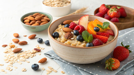 Colorful oatmeal bowl with fresh fruit and nuts on a white textured surface. Ideal for food...